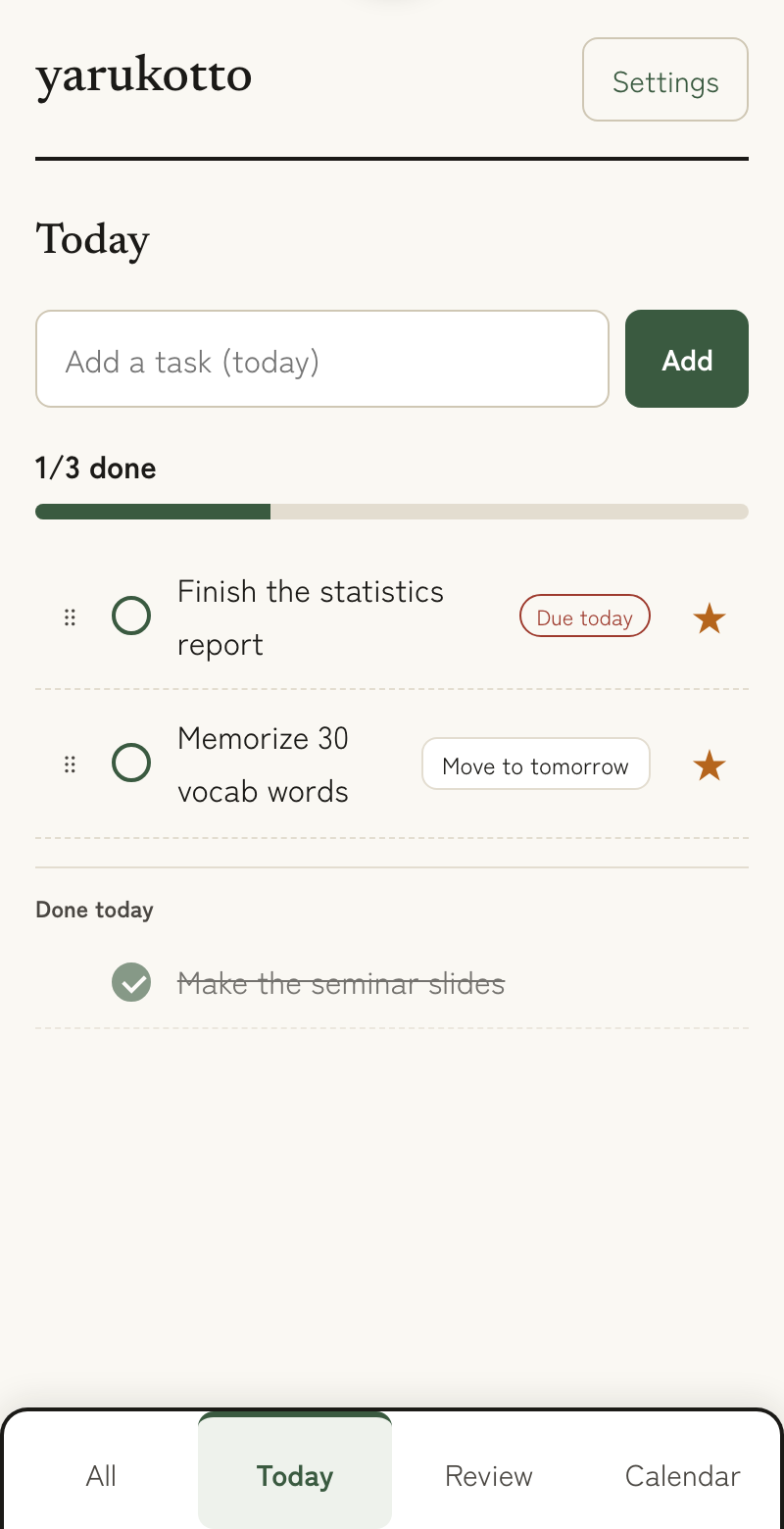 yarukotto's Today screen: only today's tasks are shown, worked through from the top.
